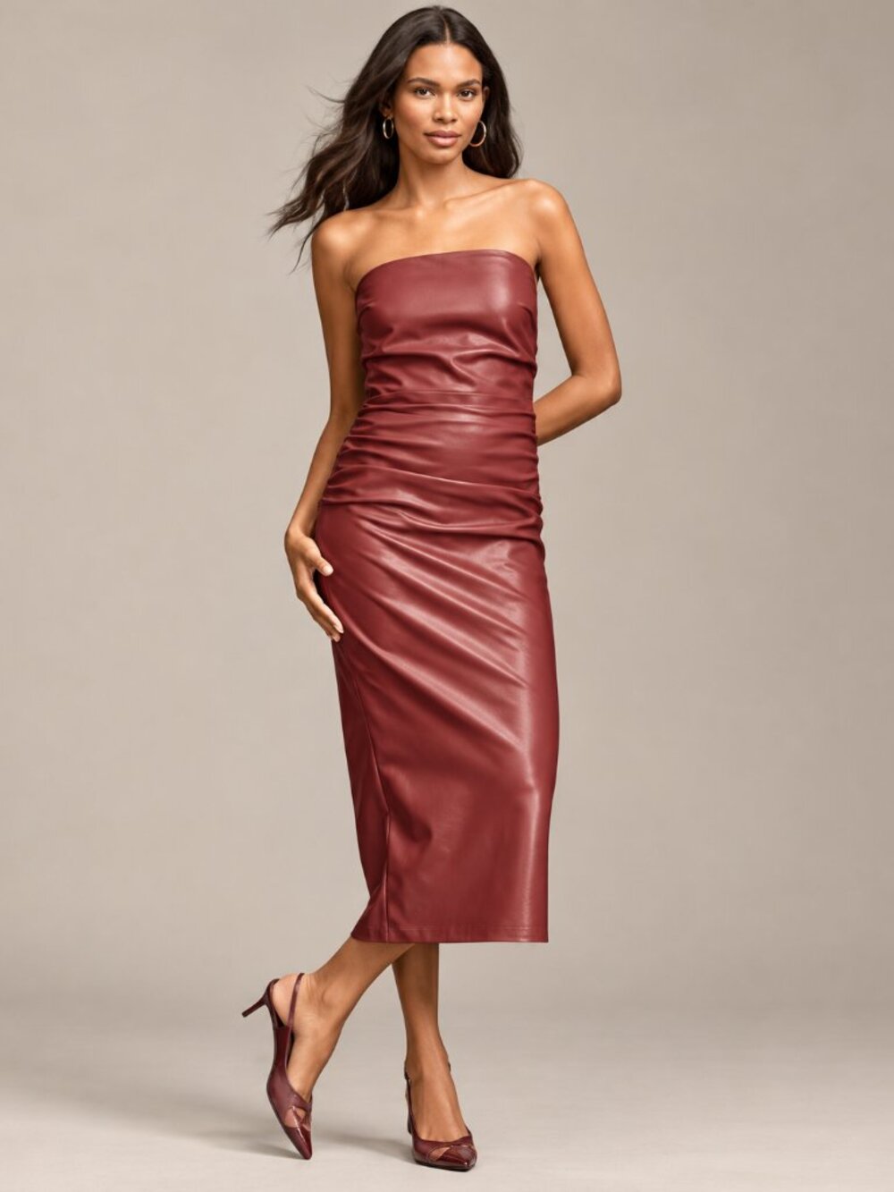 NWT Anthropologie Soleil Faux Leather Strapless Midi Dress S Burgundy